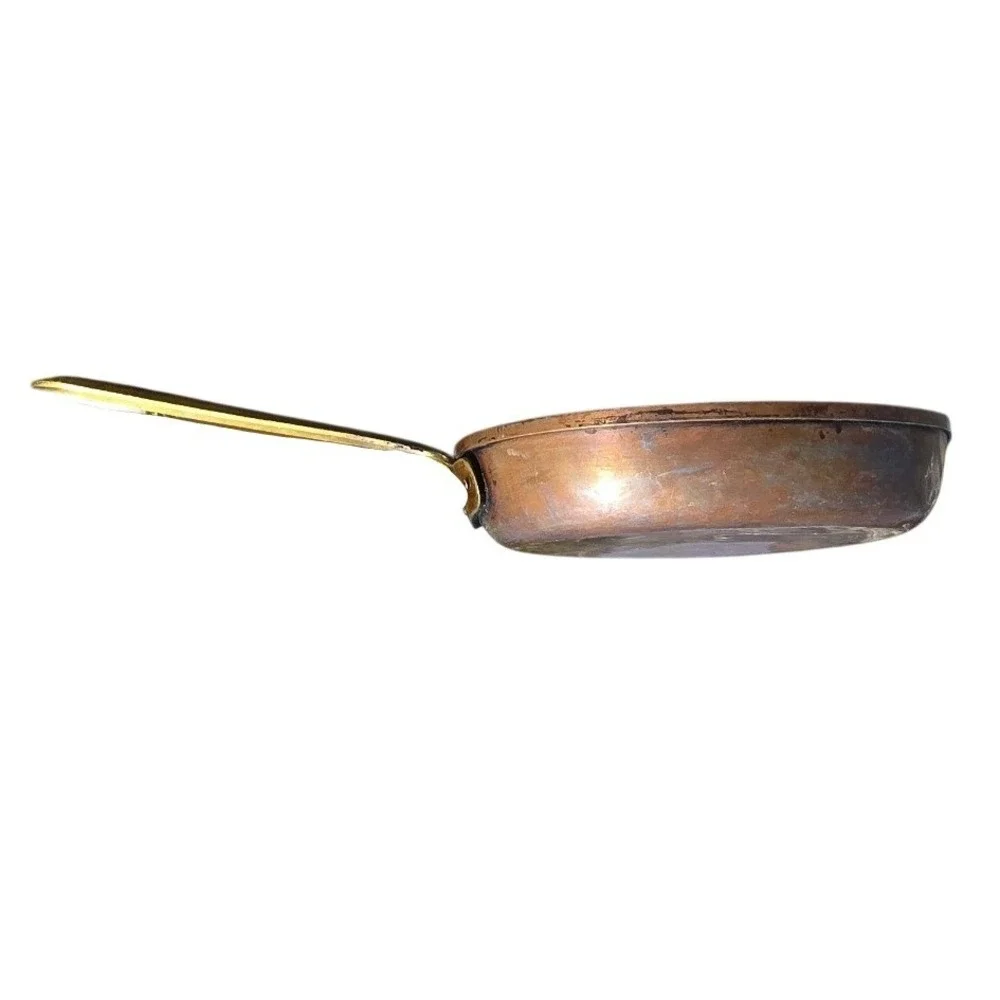 Vintage Made in Portugal Copper Skillet Set 2pc Brass Handles Tin Lined 10in 7in